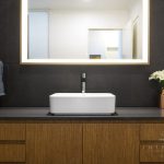 A photo of a white sink with a hand towel on the left and a plant on the right. A mirror above the sink.