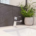 A photo of a tap above a sink, with a suculent plant in the background.