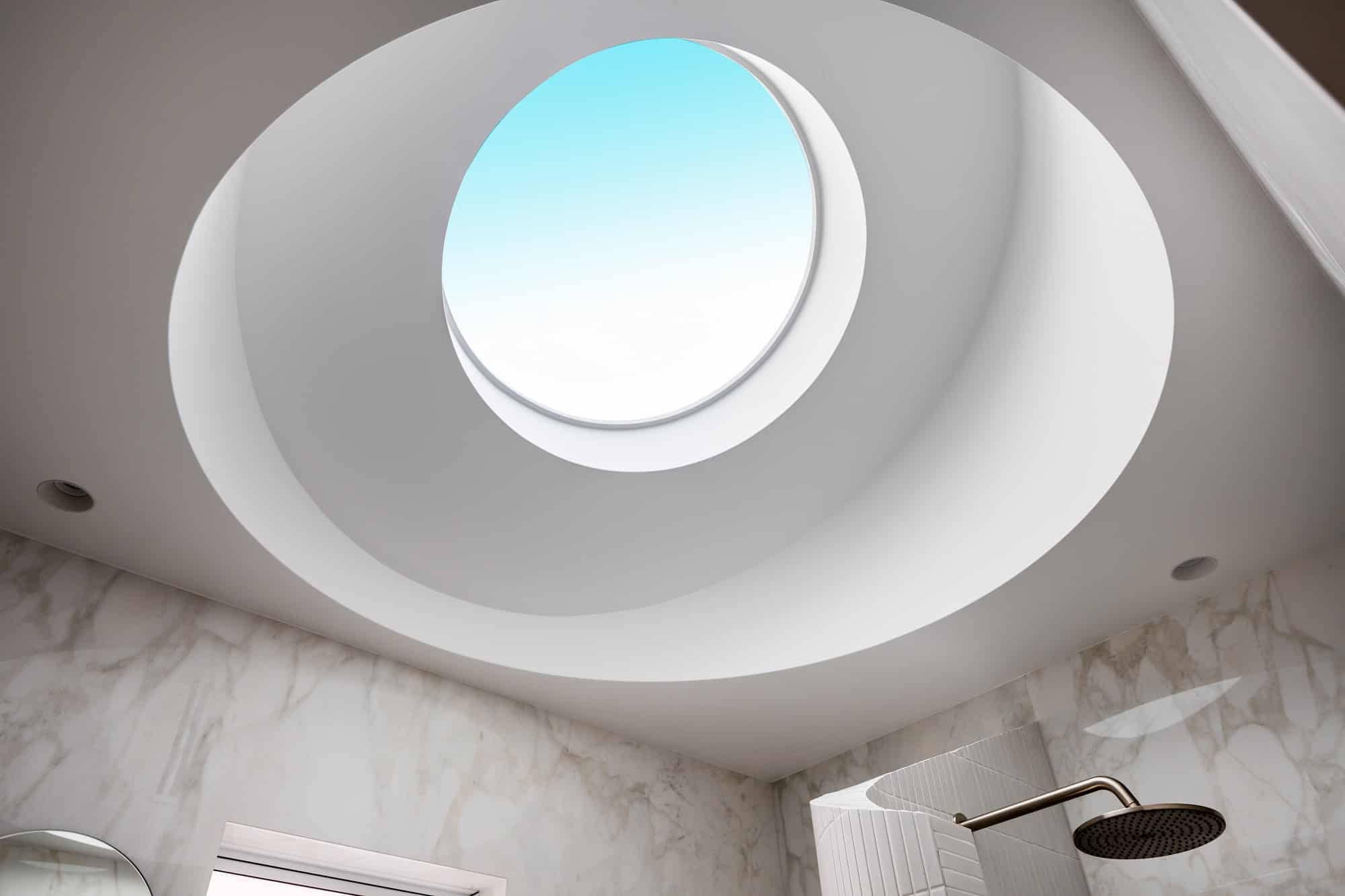 A photo of a curved skylight above a bathroom.