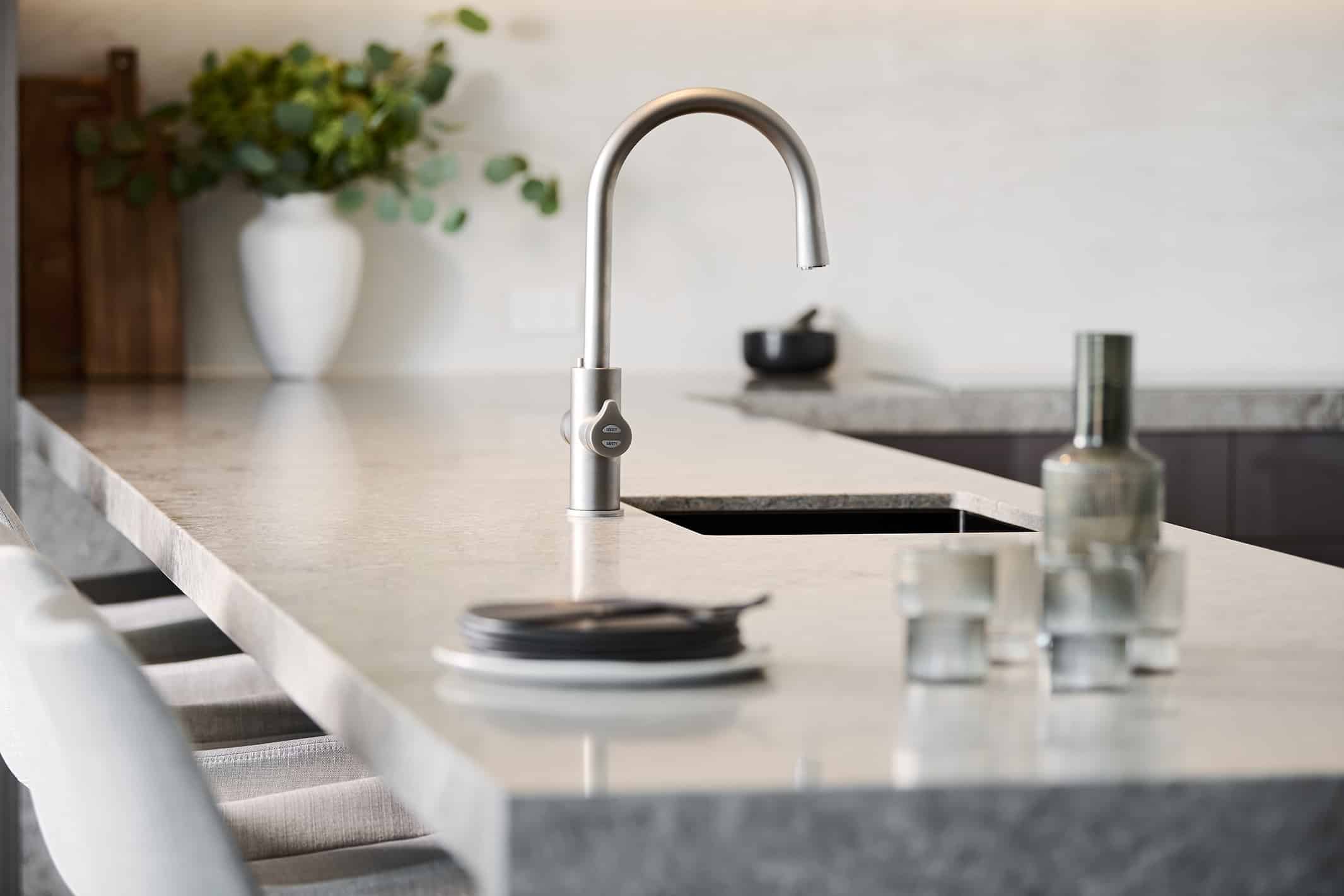 A photo of a tap, sitting over a sink with a plant in a vase in the background.