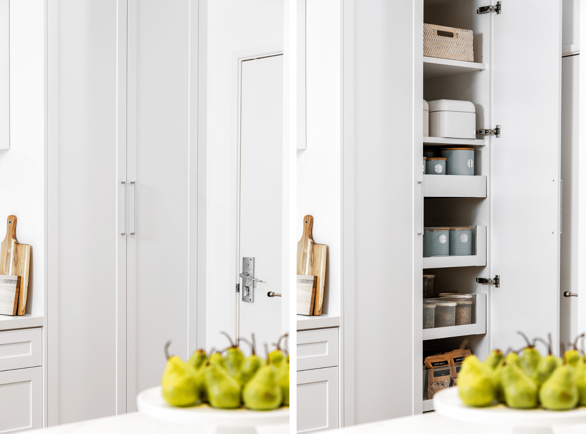 A photo of a cupboard, with pears in the foreground.