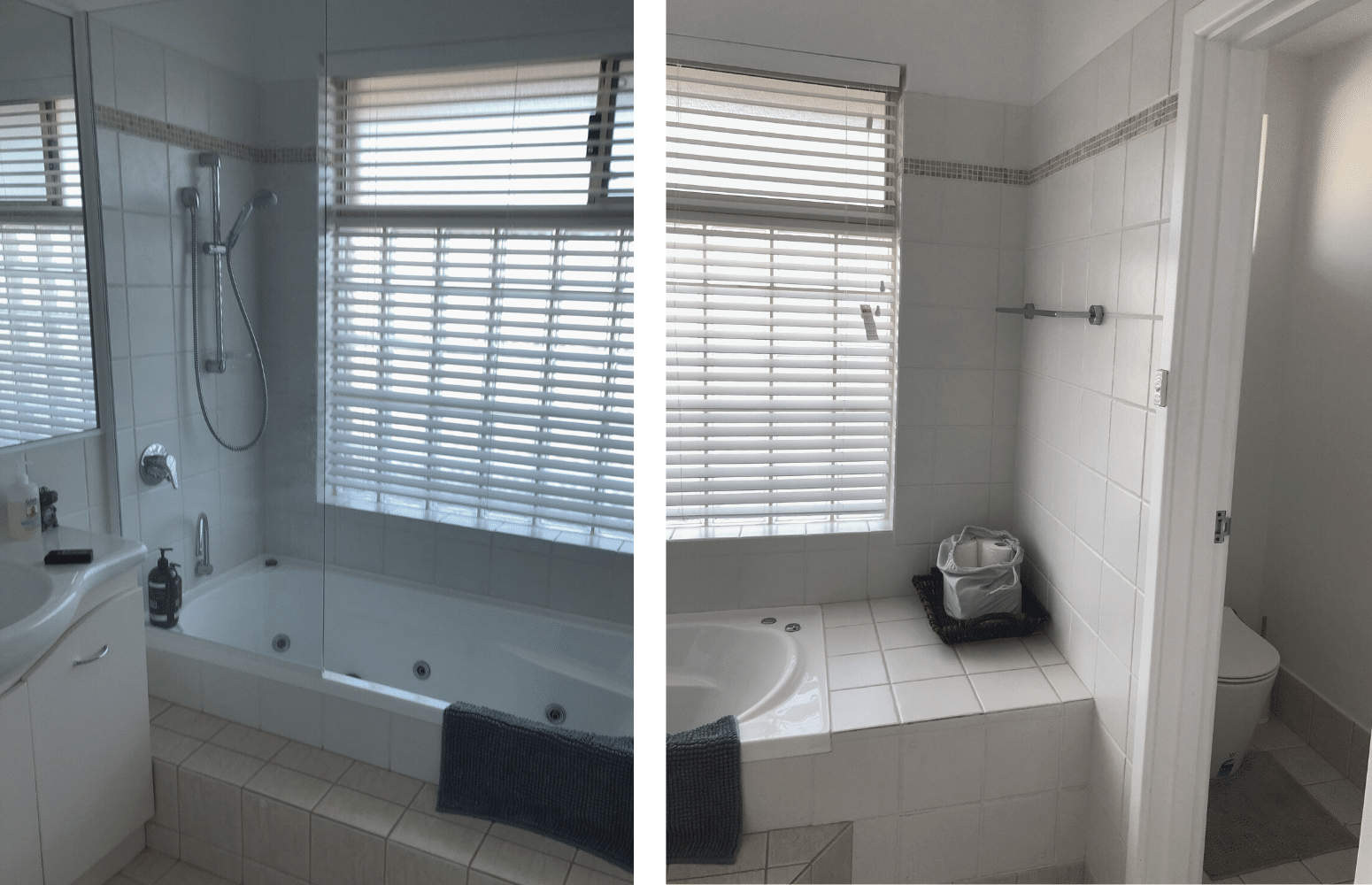 A photo of a bathroom, before being renovated. There is a bath and shower section next to a sink.