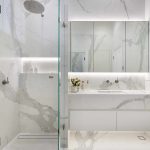 Bathroom with marble pattern, shower and sink