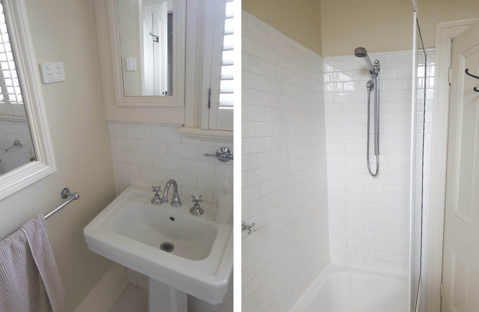 A side by side comparison of the old sink and shower, before Lux Interiors renovated the bathroom.