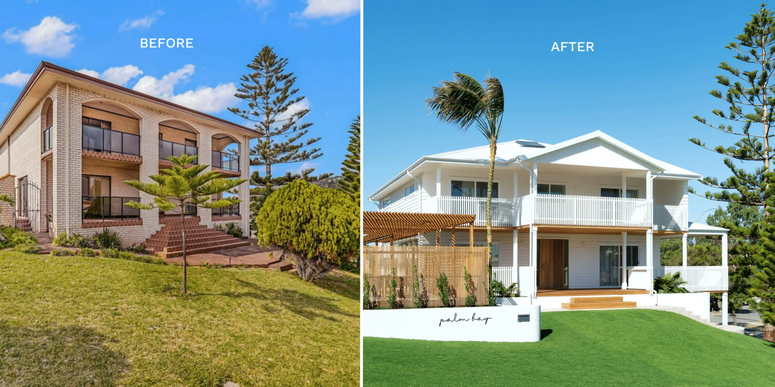 A photo of the Palm Bay house, with a before and after comparison of it's renovation.