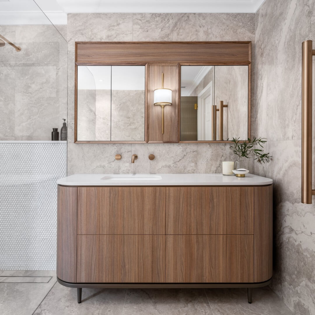 Luxury bathroom with timber vanity by Lux Interiors
