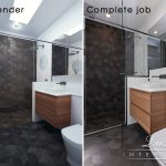 A comparison of a 3D render and a complete bathroom by Lux Interiors.